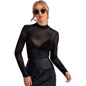 Women's Mesh Mock Neck Long Sleeve Tee Club Party Top Elastic Fishnet Design